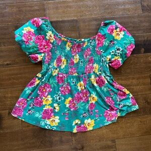 Torrid Smocked Babydoll floral Cottagecore Poplin Puffy Sleeve Cotton Top Size 0